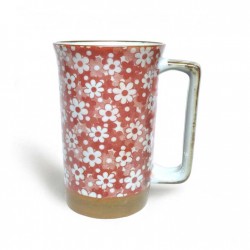 Mug japonais fleurs blanches sur fond rouge